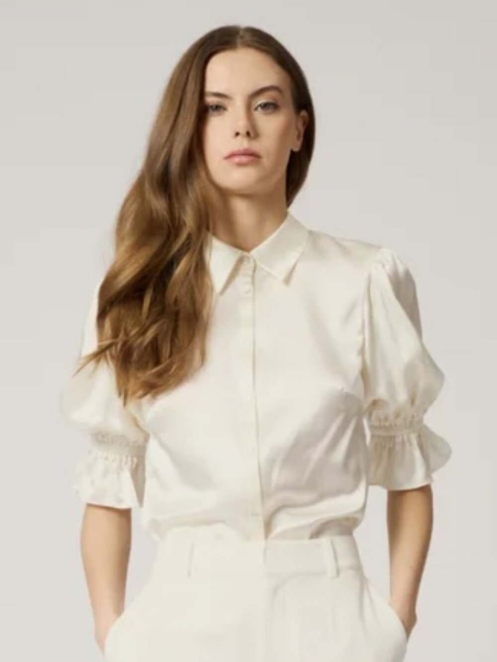 Cinq à Sept Fiona 100% Silk Satin Puff Sleeve Button Front Blouse Ivory Small